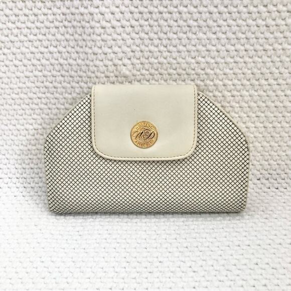 Whiting & Davis White Sequin Mesh Vintage Top Flap Accordion Clutch Crossbody - Picture 1 of 13